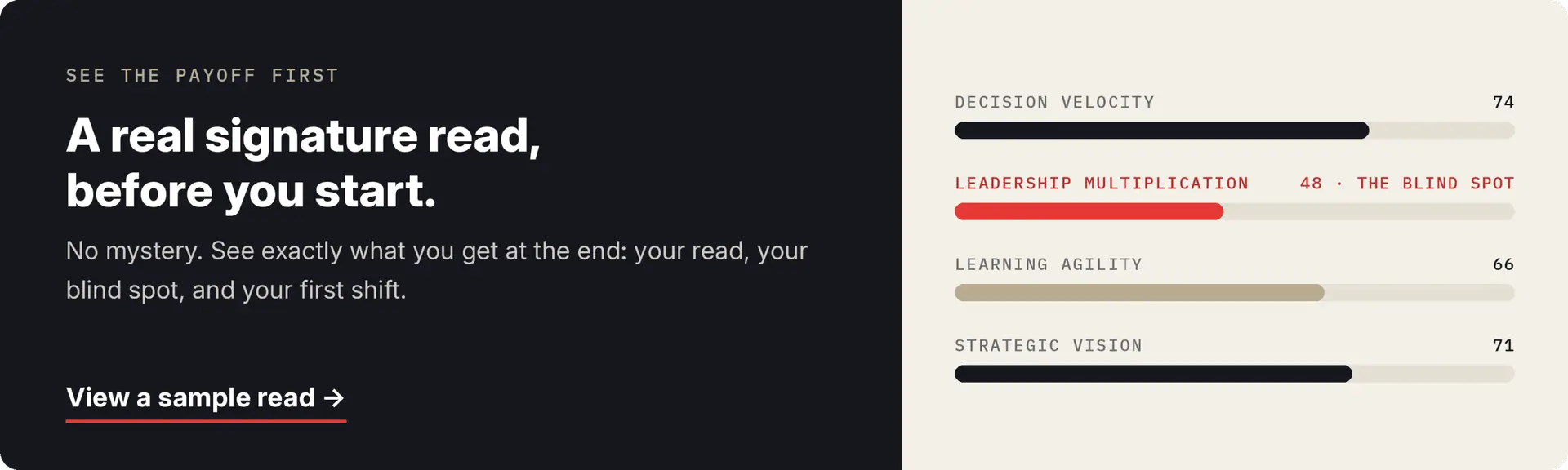 Sample Blind Spot read teaser: A real signature read, before you start, with scored dimension bars